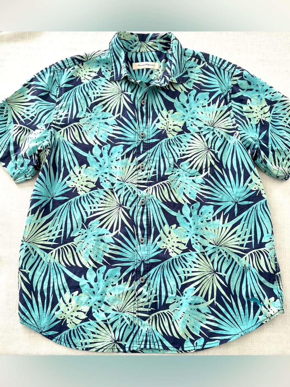 Tommy Bahama Tropical Palm Leaf Hawaiian Button-Down Shirt Men’s L Navy Teal